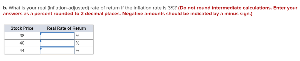 b. What is your real (inflation-adjusted) rate of return if the inflation rate is 3%? (Do not round intermediate calculations. Enter your
answers as a percent rounded to 2 decimal places. Negative amounts should be indicated by a minus sign.)
Stock Price
Real Rate of Return
38
40
%
44
