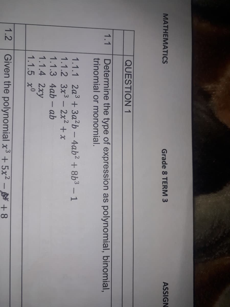 MATHEMATICS
Grade 8 TERM 3
ASSIGN
QUESTION 1
Determine the type of expression as polynomial, binomial,
trinomial or monomial.
1.1
1.1.1 2a3 +3a²b- 4ab2 + 8b3 - 1
1.1.2 3x3 - 2x² + x
1.1.3 4ab - ab
1.1.4 2xy
1.1.5 x°
1.2
Given the polynomial x³ + 5x² – + 8
