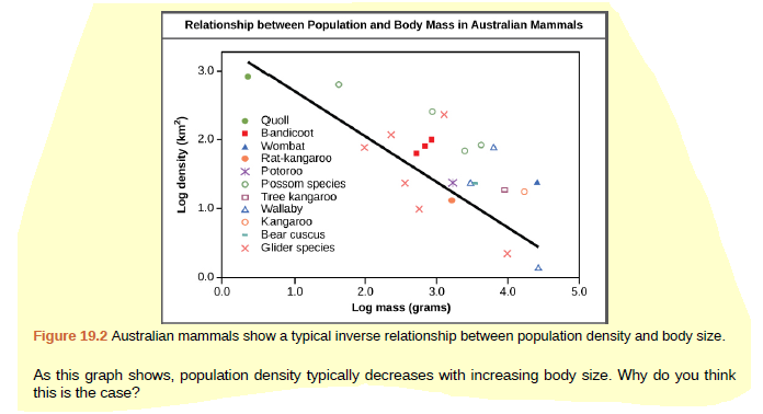 Relationship between Population and Body Mass in Australian Mammals
3.0-
Quoll
Bandicoot
Wombat
• Rat-kangaroo
x Potoroo
o Possom species
O Tree kangaroo
A Wallaby
o Kangaroo
Bear cuscus
x Glider species
2.0-
1.0-
A
0.0-
0.0
1.0
2.0
3.0
4.0
5.0
Log mass (grams)
Figure 19.2 Australian mammals show a typical inverse relationship between population density and body size.
As this graph shows, population density typically decreases with increasing body size. Why do you think
this is the case?
Log density (km)
