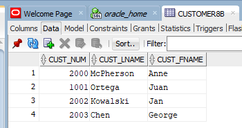 |Welcome Page *
Columns Data Model |Constraints |Grants IStatistics | Triggers |Flas
O E X B Q Sort. I Filter:
orade_home
CUSTOMER8B
CUST_NUM CUST_LNAME
CUST_FNAME
2000 McPherson
Anne
2
1001 Ortega
Juan
3
2002 Kowalski
Jan
4
2003 Chen
George
1.
