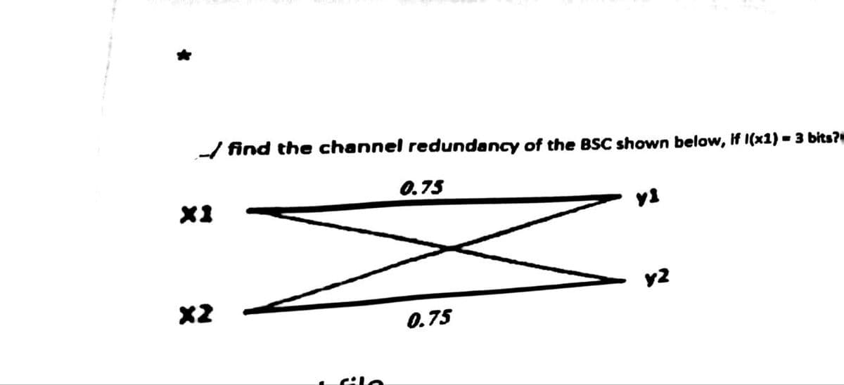 -/find the channel redundancy of the BSC shown below, if I(x1) = 3 bits?
x1
x2
0.75
0.75
yi
y2