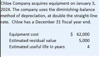 Chloe Company acquires equipment on January 3,
2024. The company uses the diminishing-balance
method of depreciation, at double the straight-line
rate. Chloe has a December 31 fiscal year end.
Equipment cost
Estimated residual value
Estimated useful life in years
$ 62,000
5,000
4