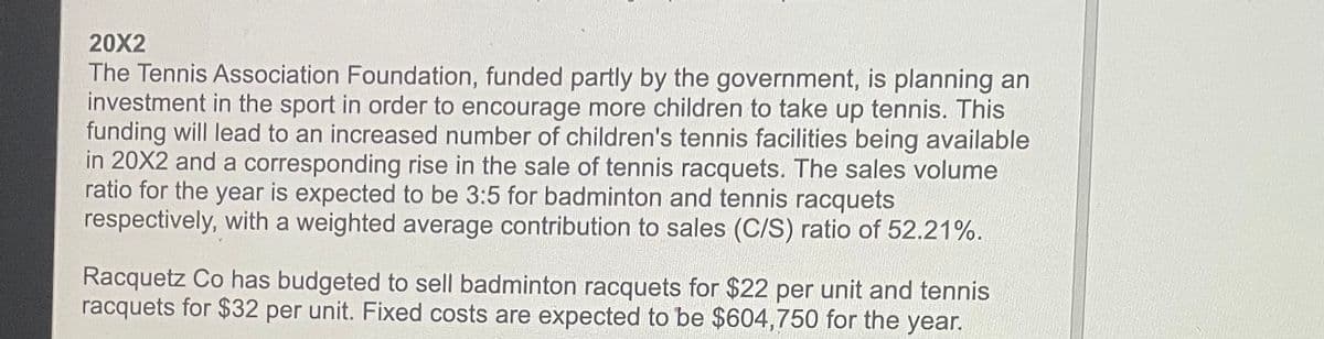 20X2
The Tennis Association Foundation, funded partly by the government, is planning an
investment in the sport in order to encourage more children to take up tennis. This
funding will lead to an increased number of children's tennis facilities being available
in 20X2 and a corresponding rise in the sale of tennis racquets. The sales volume
ratio for the year is expected to be 3:5 for badminton and tennis racquets
respectively, with a weighted average contribution to sales (C/S) ratio of 52.21%.
Racquetz Co has budgeted to sell badminton racquets for $22 per unit and tennis
racquets for $32 per unit. Fixed costs are expected to be $604,750 for the year.