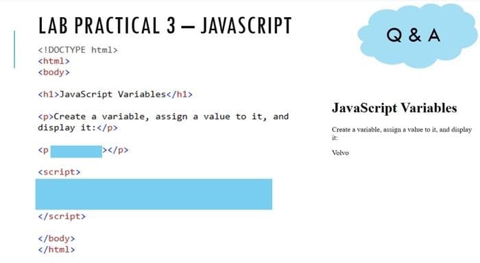 LAB PRACTICAL 3 - JAVASCRIPT
<!DOCTYPE html>
<html>
<body>
<h1>JavaScript Variables</h1>
<p>Create a variable, assign a value to it, and
display it:</p>
<p
<script>
</script>
</body>
</html>
></p>
Q & A
JavaScript Variables
Create a variable, assign a value to it, and display
it:
Volvo