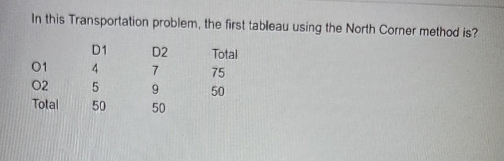 In this Transportation problem, the first tableau using the North Corner method is?
D1
Total
4
75
5
50
50
01
02
Total
D2
7
9
50