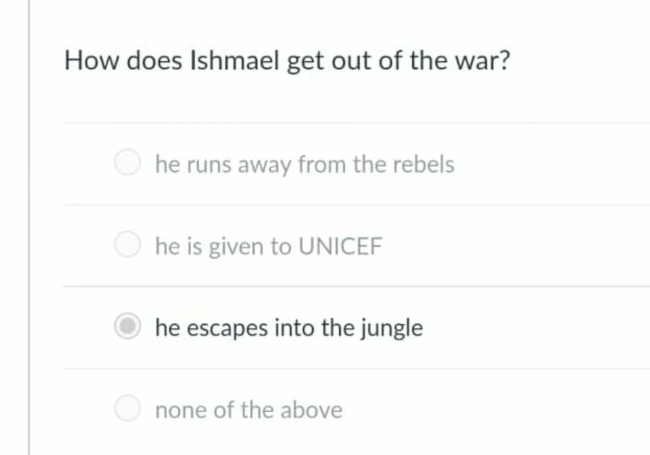 How does Ishmael get out of the war?
he runs away from the rebels
he is given to UNICEF
he escapes into the jungle
none of the above