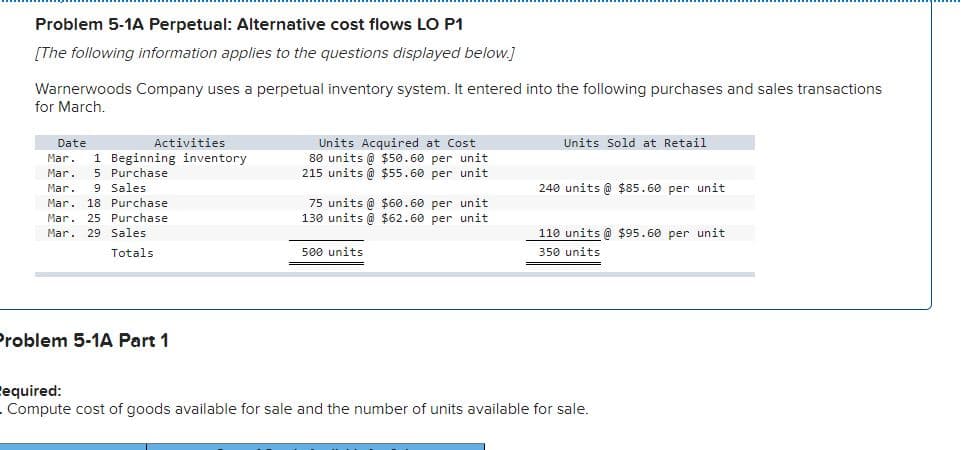 Warnerwoods Company uses a perpetual inventory system. It entered into the following purchases and sales transactions
for March.
Activities
Units Acquired at Cost
80 units @ $50.60 per unit
215 units @ $55.60 per unit
Date
Units Sold at Retail
1 Beginning inventory
Mar.
5 Purchase
9 Sales
Mar. 18 Purchase
Mar. 25 Purchase
Mar. 29 Sales
Mar.
Mar.
240 units @ $85.60 per unit
75 units @ $60.60 per unit
130 units @ $62.60 per unit
110 units @ $95.60 per unit
Totals
500 units
350 units
Problem 5-1A Part 1
Eequired:
.Compute cost of goods available for sale and the number of units available for sale.
