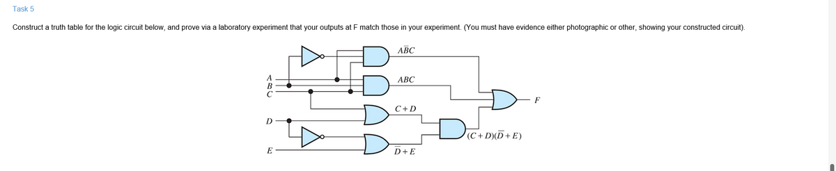 Task 5
Construct a truth table for the logic circuit below, and prove via a laboratory experiment that your outputs at F match those in your experiment. (You must have evidence either photographic or other, showing your constructed circuit).
D
E
B
ABC
ABC
C+D
D+E
(C+D)(D+E)
F