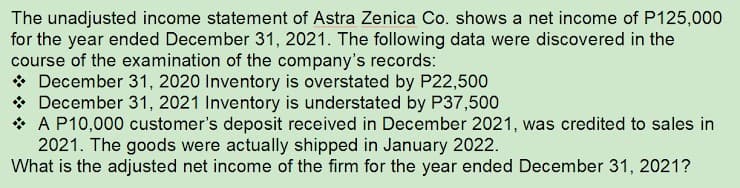 The unadjusted income statement of Astra Zenica Co. shows a net income of P125,000
for the year ended December 31, 2021. The following data were discovered in the
course of the examination of the company's records:
* December 31, 2020 Inventory is overstated by P22,500
* December 31, 2021 Inventory is understated by P37,500
* A P10,000 customer's deposit received in December 2021, was credited to sales in
2021. The goods were actually shipped in January 2022.
What is the adjusted net income of the firm for the year ended December 31, 2021?

