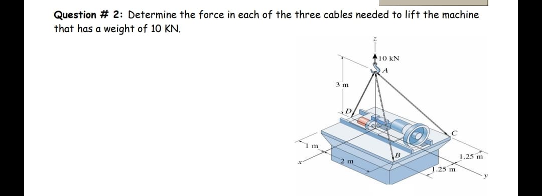 Question # 2: Determine the force in each of the three cables needed to lift the machine
that has a weight of 10 KN.
A10 kN
3 m
D
C
1 m
1.25 m
2 m
1.25 m

