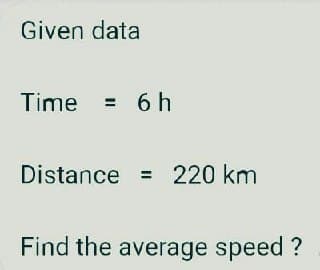 Given data
Time = 6 h
Distance = 220 km
Find the average speed ?