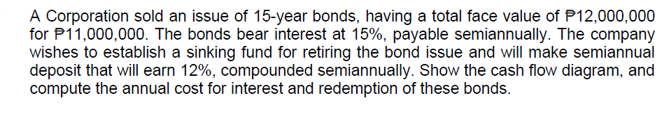 A Corporation sold an issue of 15-year bonds, having a total face value of P12,000,000
for P11,000,000. The bonds bear interest at 15%, payable semiannually. The company
wishes to establish a sinking fund for retiring the bond issue and will make semiannual
deposit that will earn 12%, compounded semiannually. Show the cash flow diagram, and
compute the annual cost for interest and redemption of these bonds.
