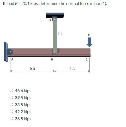 If load P = 20.1 kips, determine the normal force in bar (1).
A
6 ft
46.6 kips
39.5 kips
33.5 kips
42.2 kips
O 36.8 kips
D
B
(1)
4 ft
O