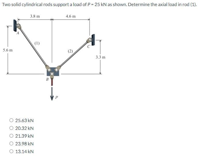 Two solid cylindrical rods support a load of P = 25 kN as shown. Determine the axial load in rod (1).
5.6 m
3.8 m
25.63 KN
20.32 KN
21.39 KN
23.98 KN
O 13.14 KN
(1)
B
4.6 m
3.3 m