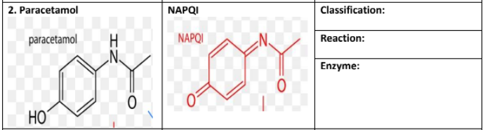 2. Paracetamol
NAPQI
Classification:
paracetamol
NAPQI
Reaction:
Enzyme:
HO
