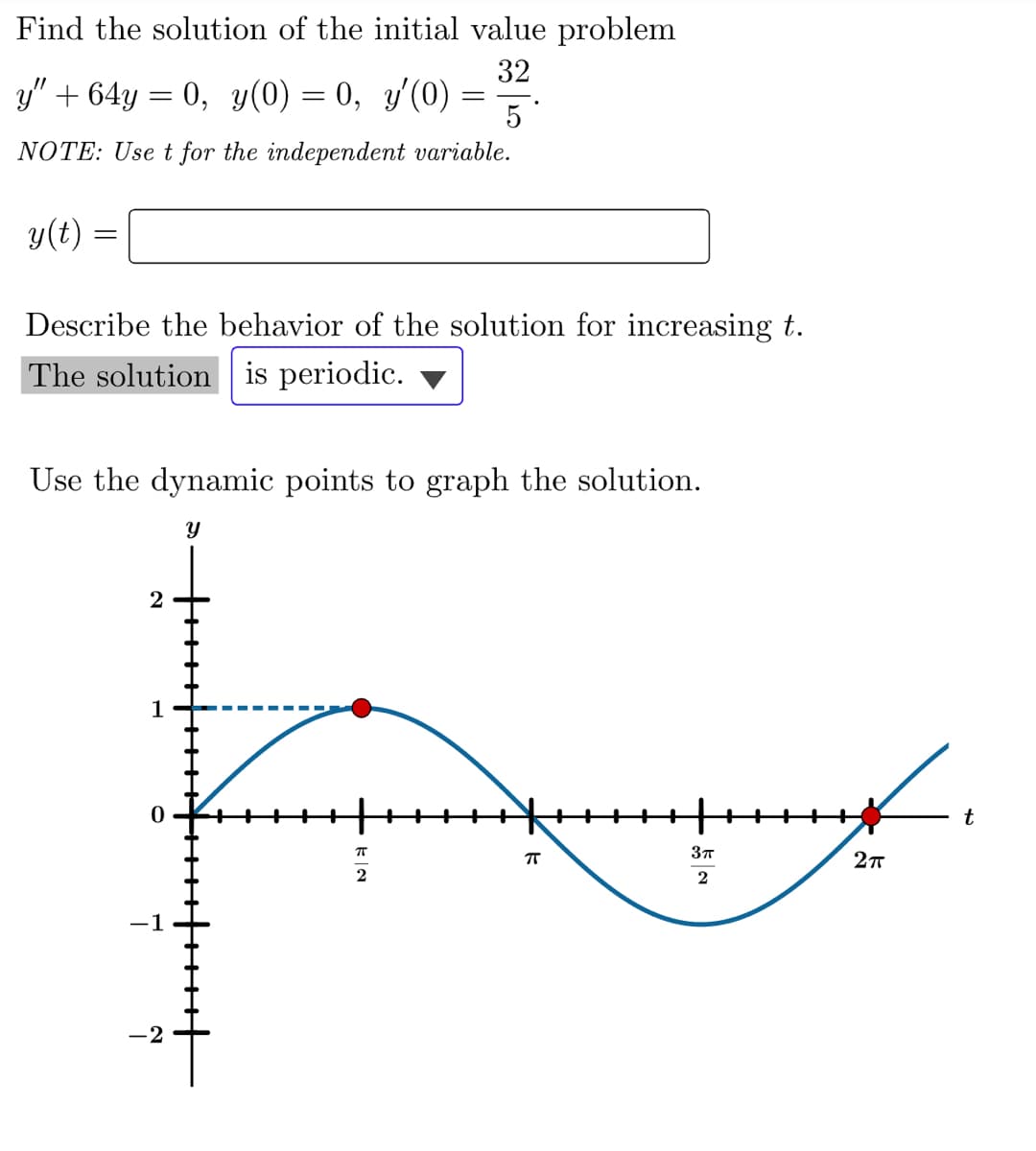 Find the solution of the initial value problem
32
y" + 64y = 0, y(0) = 0, y'(0)
NOTE: Use t for the independent variable.
y(t) =
=
Describe the behavior of the solution for increasing t.
The solution is periodic.
2
Use the dynamic points to graph the solution.
Y
7
-2
=
++f++++f
5*
ㅠ
2
π
3π
2
2π
t
