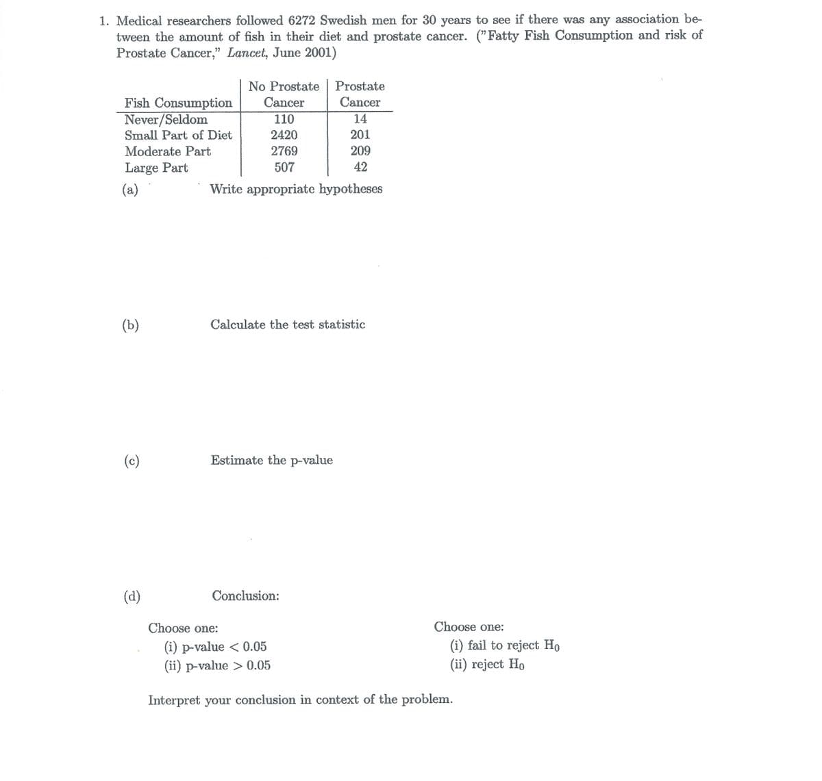 1. Medical researchers followed 6272 Swedish men for 30 years to see if there was any association be-
tween the amount of fish in their diet and prostate cancer. ("Fatty Fish Consumption and risk of
Prostate Cancer," Lancet, June 2001)
No Prostate
Prostate
Fish Consumption
Never/Seldom
Small Part of Diet
Cancer
Cancer
110
14
2420
201
Moderate Part
2769
209
Large Part
507
42
(a)
Write appropriate hypotheses
(Ъ)
Calculate the test statistic
(c)
Estimate the p-value
(d)
Conclusion:
Choose one:
Choose one:
(i) fail to reject Ho
(ii) reject Ho
(i) p-value < 0.05
(ii) р-value >0.05
Interpret your conclusion in context of the problem.
