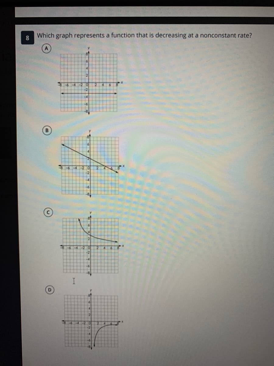 Which graph represents a function that is decreasing at a nonconstant rate?
8
21
-2
B
-2 0
-2
I.
1-2 0
