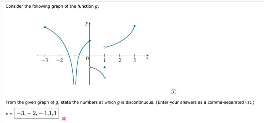 Consider the following graph of the function g.
-3
-2
1
From the given graph of g, state the numbers at whichg is discontinuous. (Enter your answers as a comma-separated list.)
х- -3, — 2, — 1,1,3
2.
