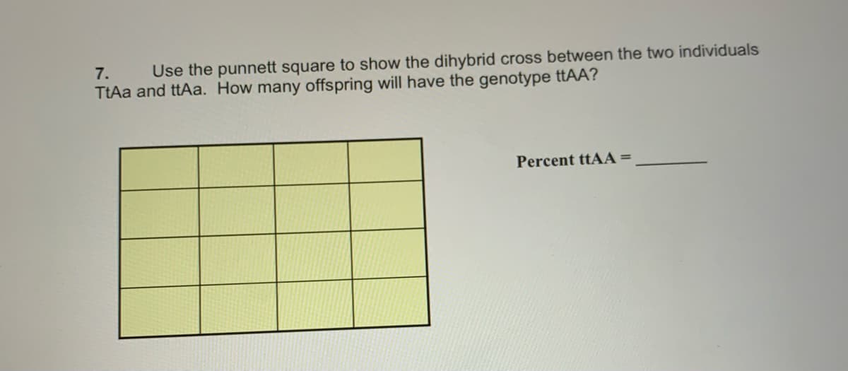 7.
Use the punnett square to show the dihybrid cross between the two individuals
TtAa and ttAa. How many offspring will have the genotype ttAA?
Percent ttAA =
