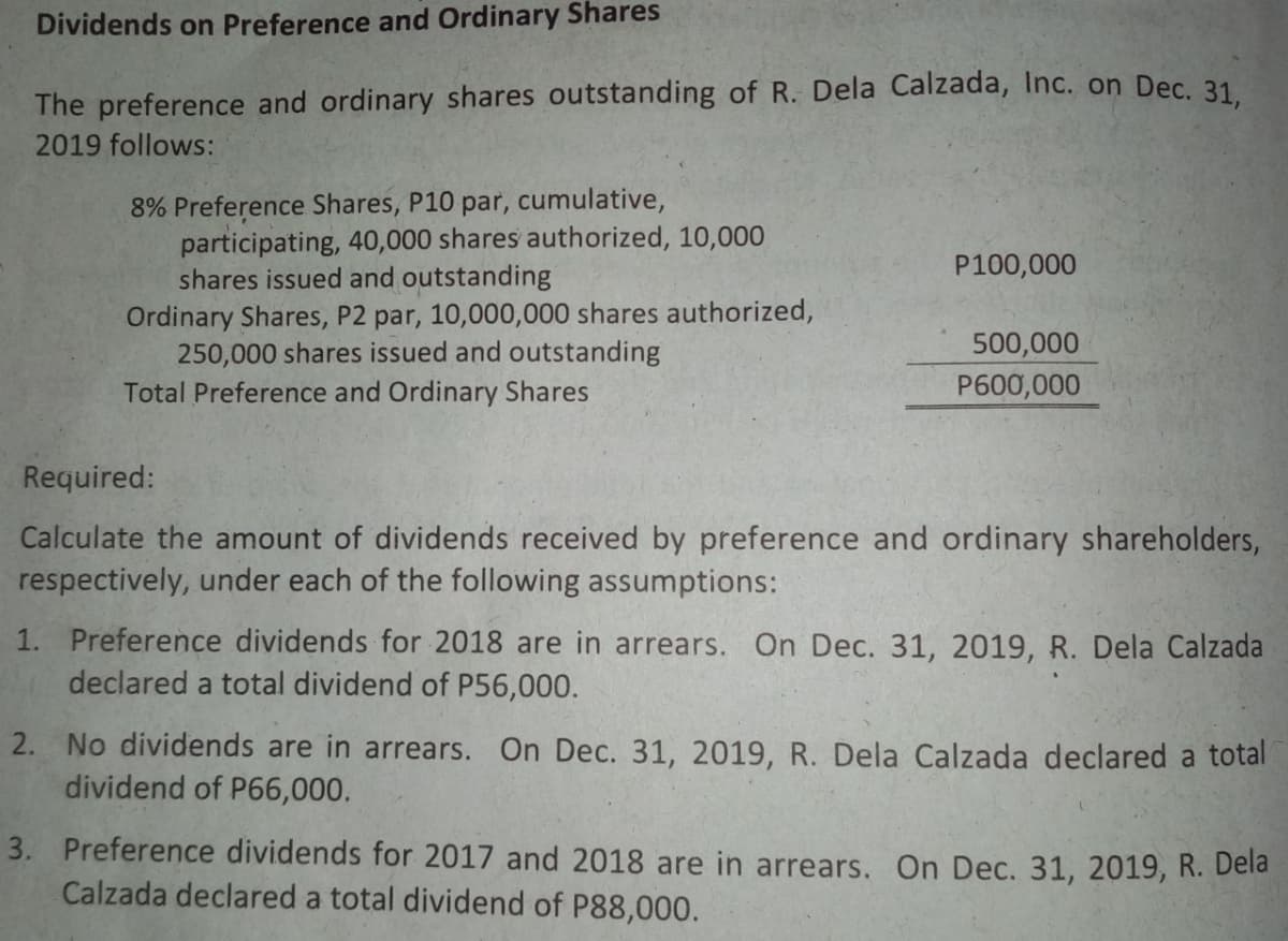 Dividends on Preference and Ordinary Shares
The preference and ordinary shares outstanding of R. Dela Calzada, Inc. on Dec. 31
2019 follows:
8% Preference Shares, P10 par, cumulative,
participating, 40,000 shares authorized, 10,000
shares issued and outstanding
P100,000
Ordinary Shares, P2 par, 10,000,000 shares authorized,
250,000 shares issued and outstanding
Total Preference and Ordinary Shares
500,000
P600,000
Required:
Calculate the amount of dividends received by preference and ordinary shareholders,
respectively, under each of the following assumptions:
1. Preference dividends for 2018 are in arrears. On Dec. 31, 2019, R. Dela Calzada
declared a total dividend of P56,000.
2. No dividends are in arrears. On Dec. 31, 2019, R. Dela Calzada declared a total
dividend of P66,000.
3. Preference dividends for 2017 and 2018 are in arrears. On Dec. 31, 2019, R. Dela
Calzada declared a total dividend of P88,000.
