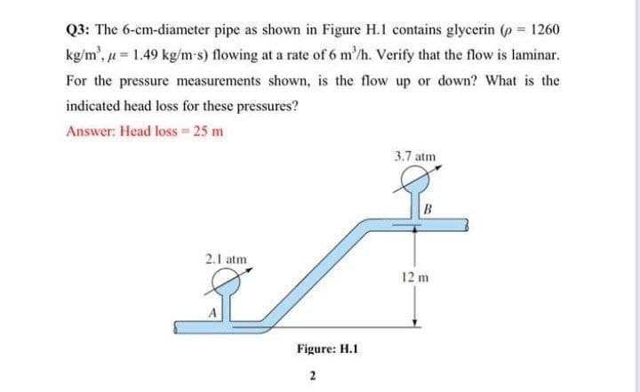 Q3: The 6-cm-diameter pipe as shown in Figure H.I contains glycerin (p = 1260
%3D
kg/m', u= 1.49 kg/m s) flowing at a rate of 6 m'/h. Verify that the flow is laminar.
For the pressure measurements shown, is the flow up or down? What is the
indicated head loss for these pressures?
Answer: Head loss- 25 m
3.7 atm
B
2.1 atm
12 m
Figure: H.1
