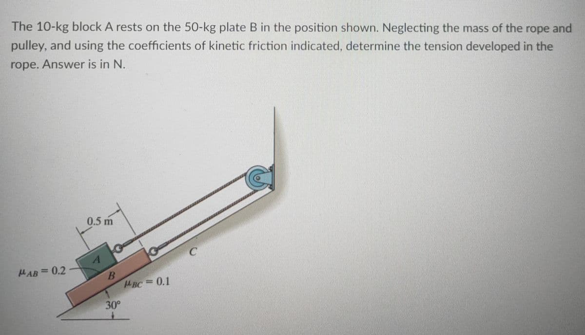 The 10-kg block A rests on the 50-kg plate B in the position shown. Neglecting the mass of the rope and
pulley, and using the coefficients of kinetic friction indicated, determine the tension developed in the
rope. Answer is in N.
0.5 m
HAB = 0.2
%3D
BC 0.1
%3D
30°
