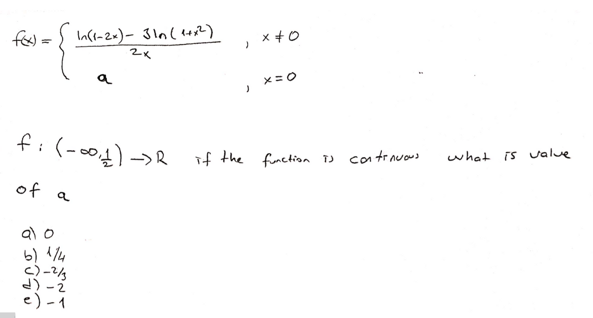 fe) =
メ+0
へ
a
×ニ0
f:(-00,4)-
>R
what is value
if the function J
of a
al o
6) 1/4
d) -2
e) -1
