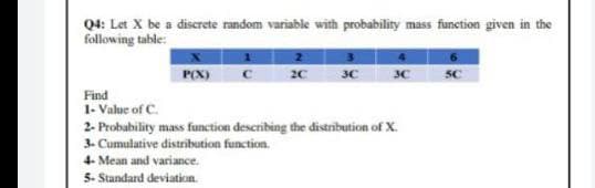 Q4: Let X be a discrete random variable with probability mass function given in the
following table:
2
P(X) с
2C
3C
3C
SC
Find
1- Value of C.
2-Probability mass function describing the distribution of X.
3- Cumulative distribution function.
4- Mean and variance.
5- Standard deviation.