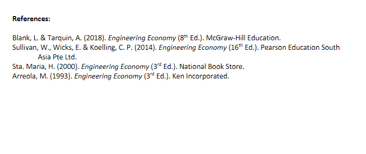 References:
Blank, L. & Tarquin, A. (2018). Engineering Economy (8th Ed.). McGraw-Hill Education.
Sullivan, W., Wicks, E. & Koelling, C. P. (2014). Engineering Economy (16th Ed.). Pearson Education South
Asia Pte Ltd.
Sta. Maria, H. (2000). Engineering Economy (3rd Ed.). National Book Store.
Arreola, M. (1993). Engineering Economy (3rd Ed.). Ken Incorporated.