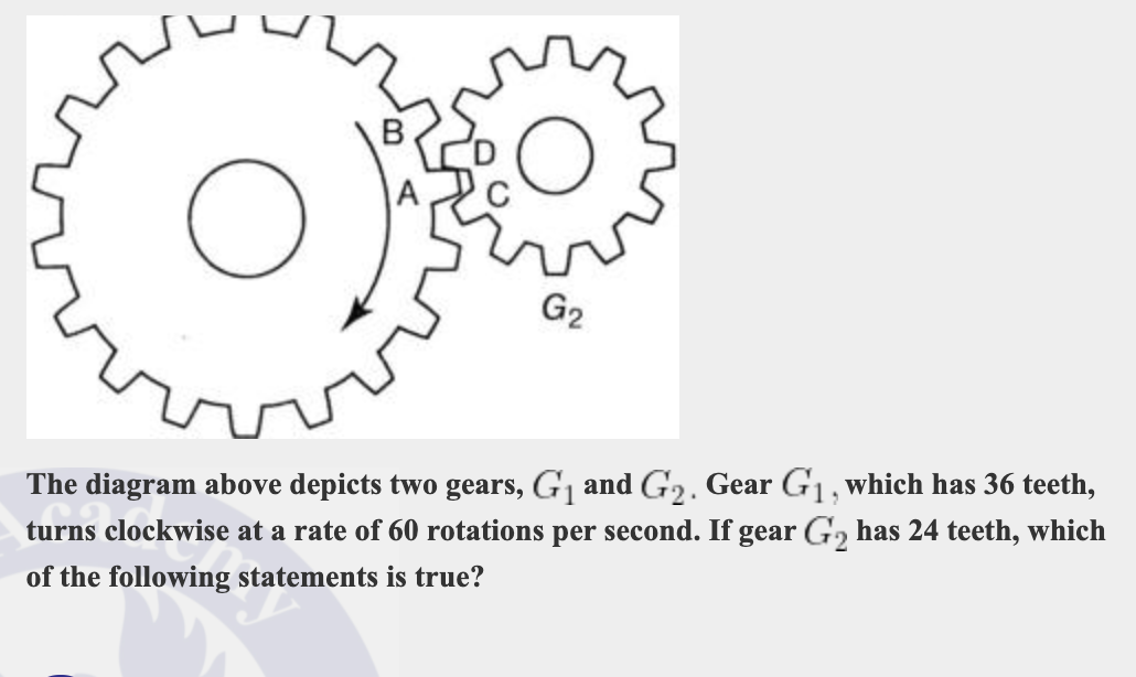 G2
The diagram above depicts two gears, G1 and G2. Gear G1, which has 36 teeth,
turns clockwise at a rate of 60 rotations per second. If gear G, has 24 teeth, which
of the following statements is true?
