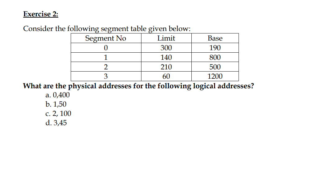 Exercise 2:
Consider the following segment table given below:
Segment No
Limit
Base
300
190
1
140
800
210
500
3
60
1200
What are the physical addresses for the following logical addresses?
а. 0,400
b. 1,50
с. 2, 100
d. 3,45
