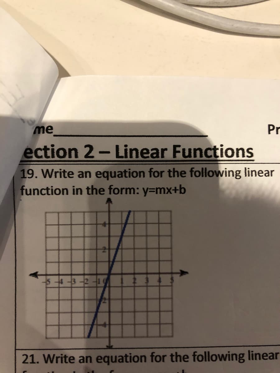 me
Pr
ection 2- Linear Functions
19. Write an equation for the following linear
function in the form: y=mx+b
54-3
21. Write an equation for the following linear
