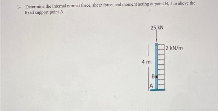 1- Determine the internal normal force, shear force, and moment acting at point B, 1 m above the
fixed support point A.
25 kN
2 kN/m
4 m
B
A
