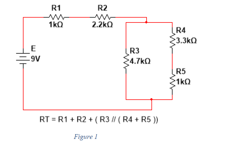 R1
R2
1kQ
2.2kQ
R4
3.3kQ
E
=9V
R3
24.7kO
R5
1kQ
RT = R1 + R2 + ( R3 // (R4 + R5 ))
Figure 1
