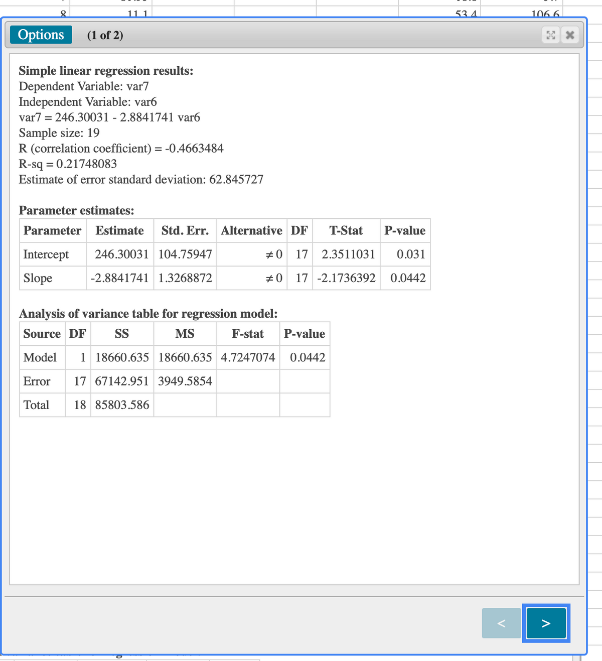 11 1
53.4.
106.6.
Options
(1 of 2)
Simple linear regression results:
Dependent Variable: var7
Independent Variable: var6
var7 = 246.30031 - 2.8841741 var6
Sample size: 19
R (correlation coefficient) = -0.4663484
R-sq = 0.21748083
Estimate of error standard deviation: 62.845727
Parameter estimates:
Parameter
Estimate
Std. Err. Alternative DF
T-Stat
P-value
Intercept
246.30031 104.75947
#0
17
2.3511031
0.031
Slope
-2.8841741 1.3268872
#0
17 -2.1736392
0.0442
Analysis of variance table for regression model:
Source DF
SS
MS
F-stat
P-value
Model
1 18660.635 18660.635 4.7247074
0.0442
Error
17 67142.951 3949.5854
Total
18 85803.586
