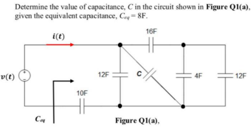 Determine the value of capacitance, C in the circuit shown in Figure Q1(a),
given the equivalent capacitance, Ceg = 8F.
16F
i(t)
v(t)
12F
4F
12F
10F
Ceq
Figure Q1(a),
