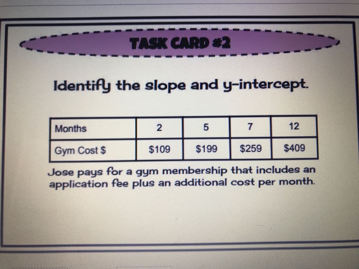 TASK CARD #2
Identify the slope and y-intercept.
Months
7
12
Gym Cost $
$109
$199
$259
$409
Jose pays for a gym membership that includes an
application fee plus an additional cost per month.
2.
