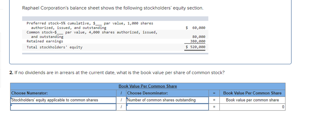 Raphael Corporation's balance sheet shows the following stockholders' equity section.
Preferred stock-5% cumulative, $_
authorized, issued, and outstanding
Common stock-$__
and outstanding
Retained earnings
par value, 1,000 shares
$ 60,000
par value, 4,000 shares authorized, issued,
80,000
380,000
Total stockholders' equity
$ 520,000
2. If no dividends are in arrears at the current date, what is the book value per share of common stock?
Book Value Per Common Share
Choose Numerator:
Choose Denominator:
Book Value Per Common Share
Stockholders' equity applicable to common shares
I Number of common shares outstanding
Book value per common share
