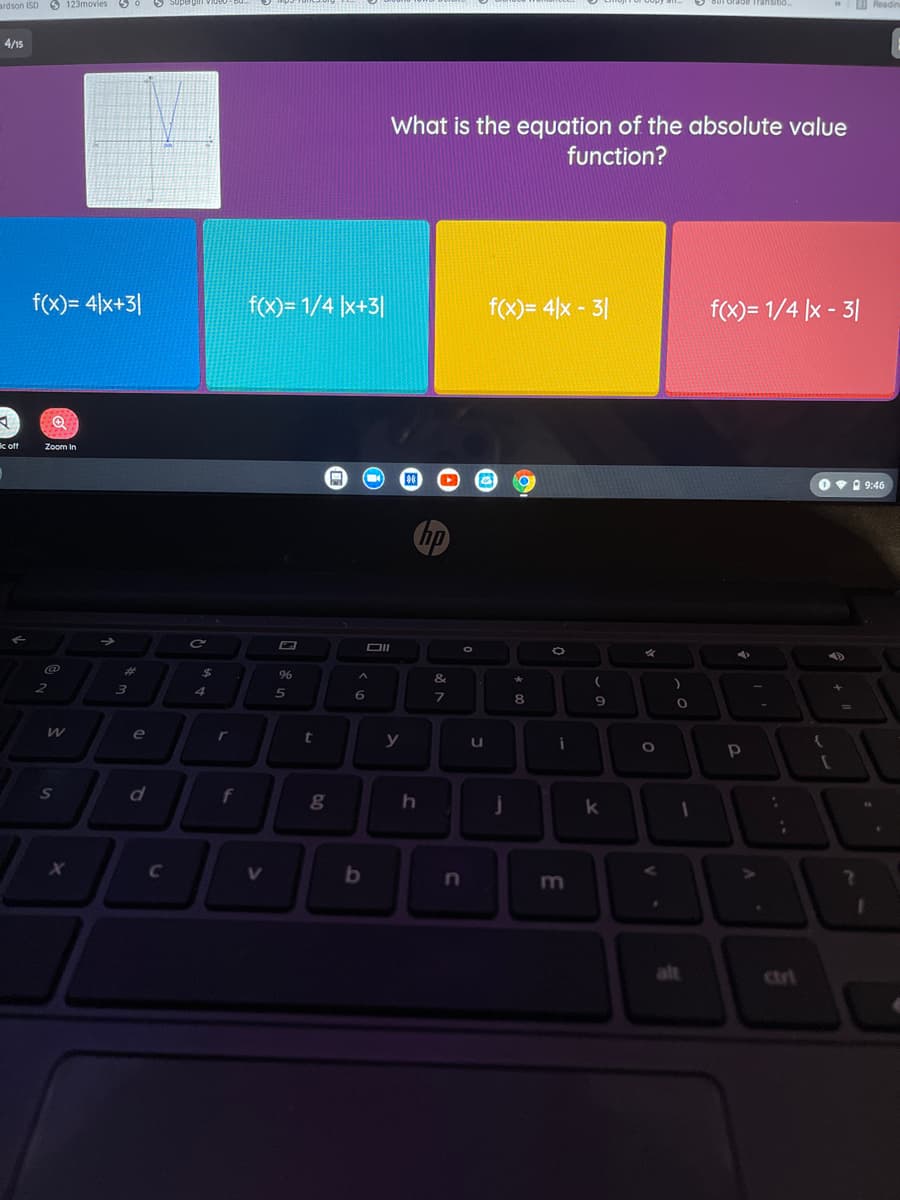 ardson ISD O 123movies
»O Readi
4/15
What is the equation of the absolute value
function?
f(X)= 4|x+3|
f)= 1/4 |x+3|
f(x)= 4|x - 3|
f(x)= 1/4 |x - 3|
ic off
Zoom In
Ov 9:46
@
%23
24
96
&
2
5
6
8
e
r
y
i
f
C
V.
n
m
alt
ctri
ba

