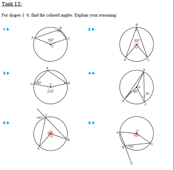 For shapes 1-6, find the colored angles. Explain your reasoning
2
160
300
3
4
210
80
30
B.
