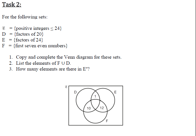 = {factors of 24}
= {first seven even numbers}
1. Copy and complete the Venn diagram for these sets.
2. List the elements of FU D.
3. How many elements are there in E"?
10
12
