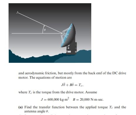 and aerodynamic friction, but mostly from the back emf of the DC drive
motor. The equations of motion are
Jö + Bồ = T,
where T, is the torque from the drive motor. Assume
J = 600,000 kg-m? B= 20,000 N-m-sec.
(a) Find the transfer function between the applied torque Te and the
antenna angle 0.
