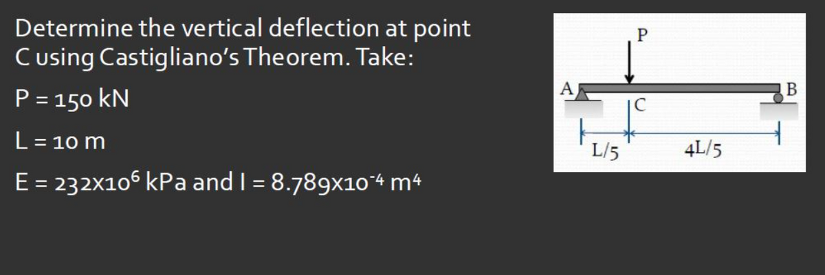 Determine the vertical deflection at point
Cusing Castigliano's Theorem. Take:
P = 150 kN
AF
C
L= 10 m
L/5
4L/5
E = 232x106 kPa and I = 8.789x104 m4
%3D
