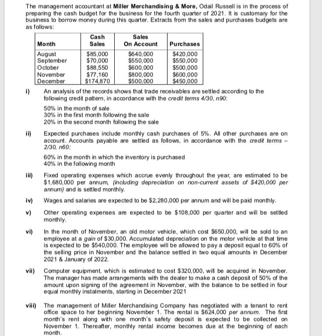 The management accountant at Miller Merchandising & More, Odail Russell is in the process of
preparing the cash budget for the business for the fourth quarter of 2021. It is customary for the
business to borrow money during this quarter. Extracts from the sales and purchases budgets are
as follows:
Cash
Sales
Month
Sales
On Account
Purchases
August
September
$85,000
$70,000
$88,550
$77,160
$174,870
$640,000
$550,000
$600,000
$800,000
$500,000
$420,000
$550,000
$500,000
$600,000
$450,000
October
November
December
i)
An analysis of the records shows that trade receivables are settled according to the
following credit pattern, in accordance with the credit terms 4/30, n90:
50% in the month of sale
30% in the first month following the sale
20% in the second month following the sale
Expected purchases include monthly cash purchases of 5%. All other purchases are on
account. Accounts payable are settled as follows, in accordance with the credit terms -
2/30, n60:
60% in the month in which the inventory is purchased
40% in the following month
ii)
ii)
Fixed operating expenses which accrue evenly throughout the year, are estimated to be
$1,680,000 per annum, (including depreciation on non-current assets of $420,000 per
annum) and is settled monthly.
iv)
Wages and salaries are expected to be $2,280,000 per annum and will be paid monthly.
Other operating expenses are expected to be $108,000 per quarter and will be settled
monthly.
v)
vi) In the month of November, an old motor vehicle, which cost $650,000, will be sold to an
employee at a gain of $30,000. Accumulated depreciation on the motor vehicle at that time
is expected to be $540,000. The employee will be allowed to pay a deposit equal to 60% of
the selling price in November and the balance settled in two equal amounts in December
2021 & January of 2022.
vii) Computer equipment, which is estimated to cost $320,000, will be acquired in November.
The manager has made arrangements with the dealer to make a cash deposit of 50% of the
amount upon signing of the agreement in November, with the balance to be settled in four
equal monthly instalments, starting in December 2021
viii) The management of Miller Merchandising Company has negotiated with a tenant to rent
office space to her beginning November 1. The rental is $624,000 per annum. The first
month's rent along with one month's safety deposit is expected to be collected on
November 1. Thereafter, monthly rental income becomes due at the beginning of each
month.
