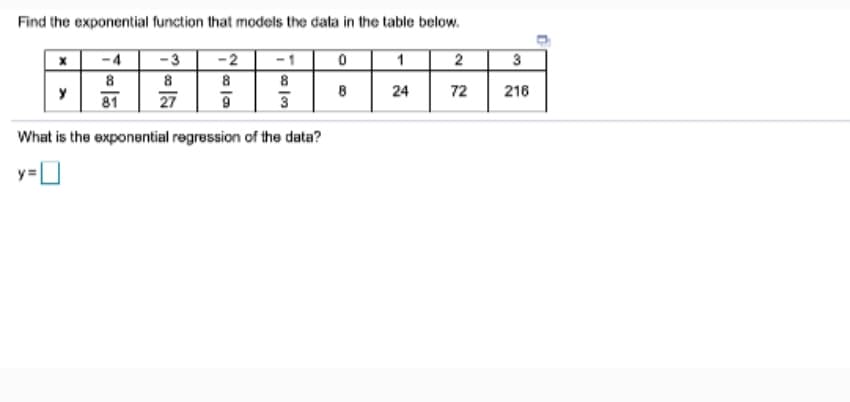 Find the exponential function that models the data in the table below.
-4
-3
-2
2
3
8
8
8
8
24
72
216
81
27
What is the exponential regression of the data?
y=D
