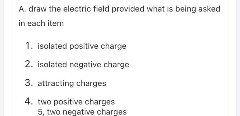 A. draw the electric field provided what is being asked
in each item
1. isolated positive charge
2. isolated negative charge
3. attracting charges
4. two positive charges
5, two negative charges
