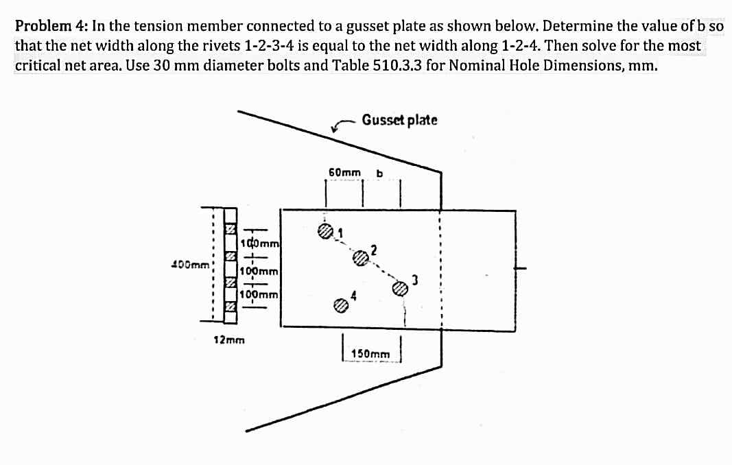 Problem 4: In the tension member connected to a gusset plate as shown below. Determine the value of b so
that the net width along the rivets 1-2-3-4 is equal to the net width along 1-2-4. Then solve for the most
critical net area. Use 30 mm diameter bolts and Table 510.3.3 for Nominal Hole Dimensions, mm.
Gusset plate
b
100mm
400mm
100mm
-
100mm
+
12mm
60mm
2
150mm