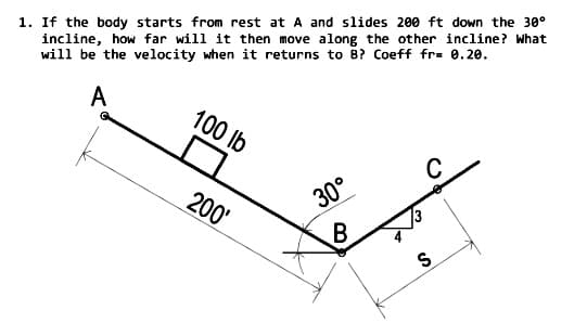 1. If the body starts from rest at A and slides 200 ft down the 30°
incline, how far will it then move along the other incline? What
will be the velocity when it returns to B? Coeff fr= 0.20.
A
100 lb
C
30°
B
200'
S