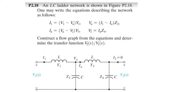 P2.18 An LC ladder network is shown in Figure P2.18.
One may write the equations describing the network
as follows:
4 = (V - Va)Y1,
V = (4 - 1)Zz,
I = (V - V) Y3,
V = 1,Z4.
Construct a flow graph from the equations and deter-
mine the transfer function V(s)/V(s).
12=0
Y1
Y3
VI(s)
Z2
Z4
c (s)

